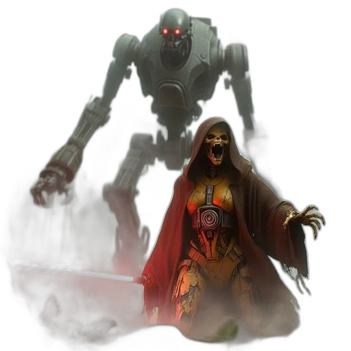 robot, concept art, fantasy art, pixel art, comic book art, fog, misty, forest transparent PNG cut-out