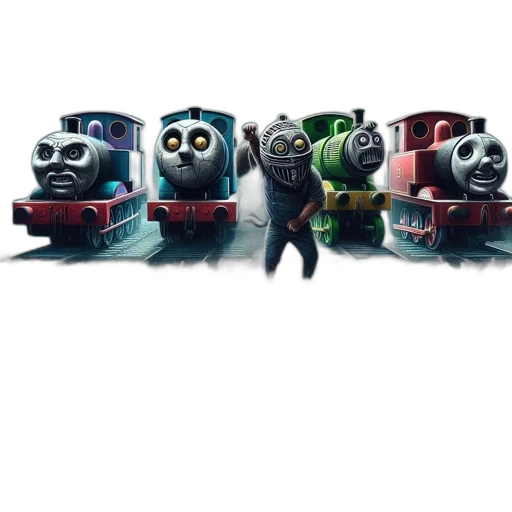 mask, concept art, 3d render, cartoon, four, toy, trains, humanoid transparent PNG cut-out