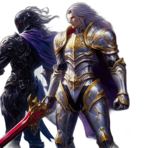 sword, concept art, fantasy art, dark, monochrome, two, figures, stand transparent PNG cut-out