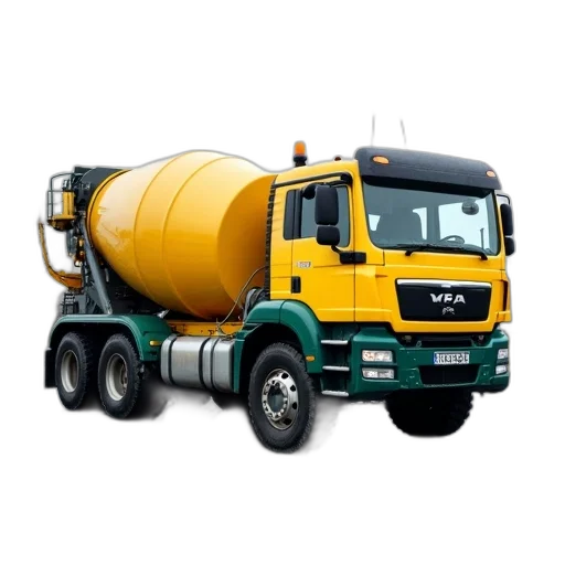 photorealistic, 3d render, large, yellow, green, cement, mixer, truck transparent PNG cut-out