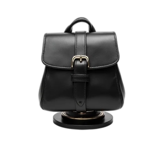 black, leather, bag, metal, buckle, displayed, white, background transparent PNG cut-out
