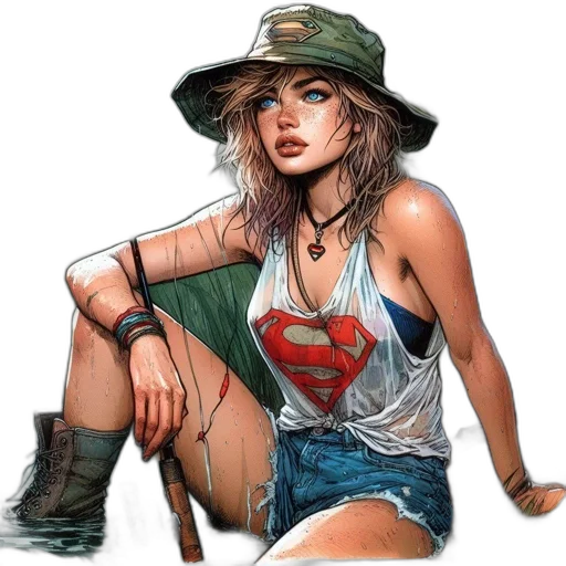 hat, comic book art, concept art, fantasy art, photorealistic, young, woman, white transparent PNG cut-out