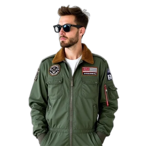 jacket, green, man, standing, front, white, background, wearing transparent PNG cut-out