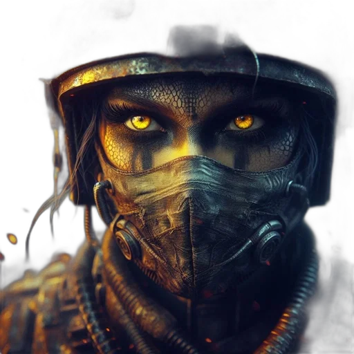mask, face, weapon, concept art, fantasy art, comic book art, photorealistic, golden transparent PNG cut-out