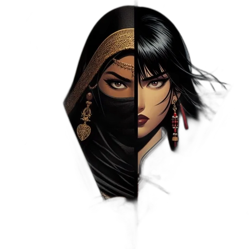mask, face, comic book art, concept art, fantasy art, cartoon, two, women transparent PNG cut-out