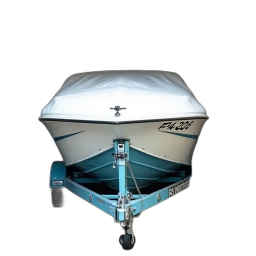 white, blue, speedboat, registration, number, f-4-2-06, parked, trailer transparent PNG cut-out