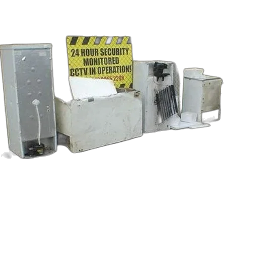 robot, furniture, discarded, appliance, sits, street, sign, warning transparent PNG cut-out