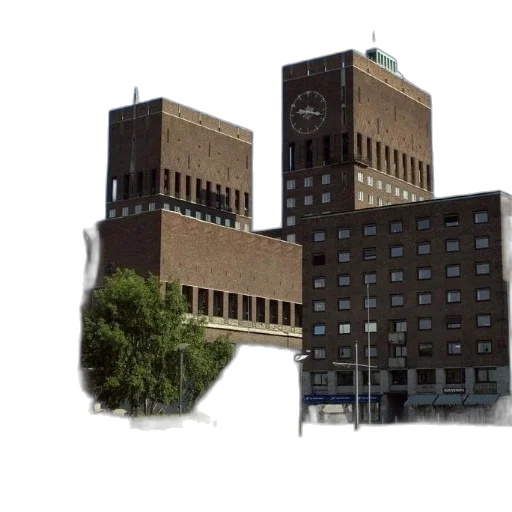 building, 3d render, concept art, large, brick, clock, tower, stands transparent PNG cut-out