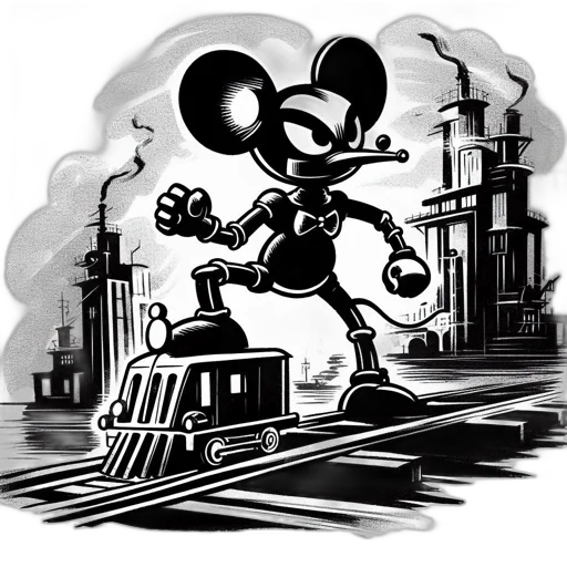 cartoon, concept art, comic book art, fog, anthropomorphic, mouse, gearworks, train transparent PNG cut-out