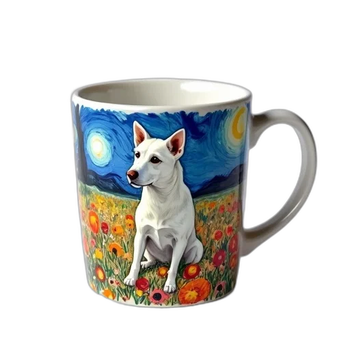 photorealistic, oil painting, white, ceramic, coffee, mug, painting, dog transparent PNG cut-out