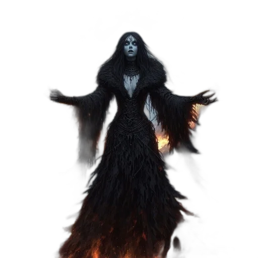dress, creature, concept art, fantasy art, comic book art, 3d render, fire, dark transparent PNG cut-out