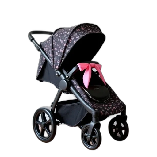 black, stroller, patterned, fabric, cover, placed, wooden, floor transparent PNG cut-out