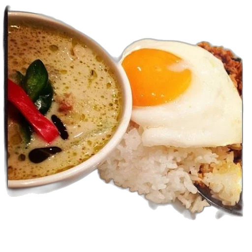 food, plate, fried, egg, top, rice, bowl, soup transparent PNG cut-out
