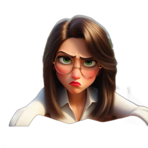 face, cartoon, concept art, 3d render, photorealistic, unhappy, woman, glasses transparent PNG cut-out