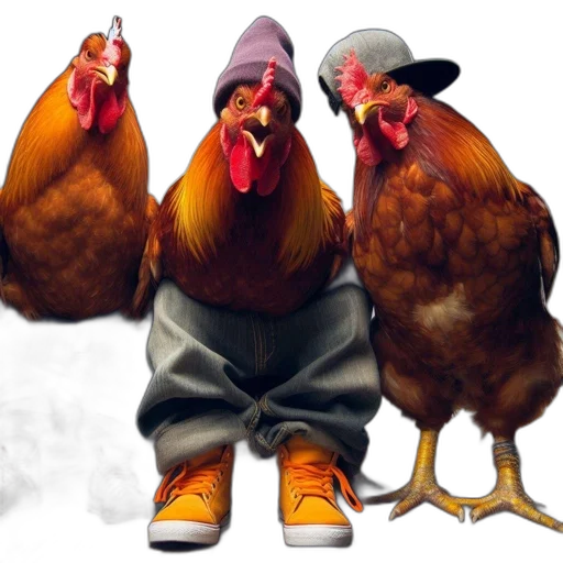 food, concept art, photorealistic, three, chickens, dressed, human, clothing transparent PNG cut-out
