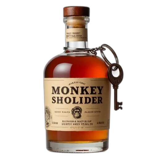 bottle, 3d render, monkey, shoulder, whisky, wooden, cap, metal transparent PNG cut-out