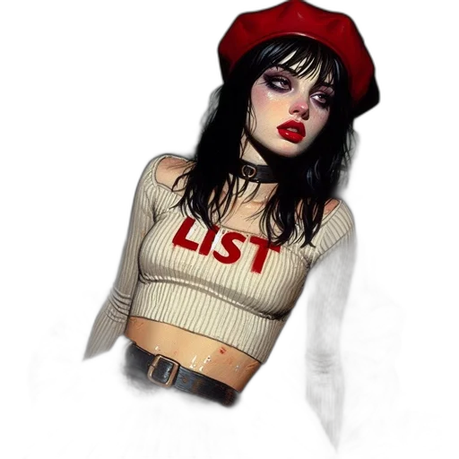 hat, jacket, photorealistic, 3d render, pixel art, concept art, red, woman transparent PNG cut-out