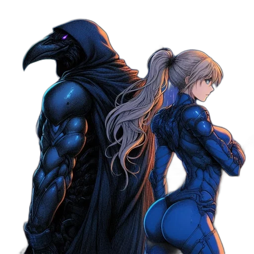 comic book art, concept art, cyberpunk, fantasy art, blue, dark, two, contrasting transparent PNG cut-out
