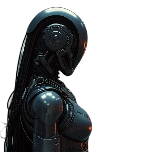 robot, dress, concept art, cyberpunk, comic book art, 3d render, outer space, dark transparent PNG cut-out