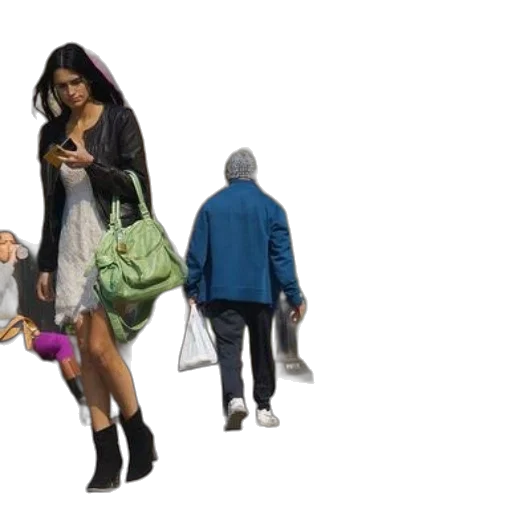 concept art, 3d render, city street, woman, white, dress, black, leather transparent PNG cut-out