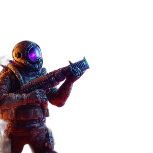 weapon, mask, jacket, robot, concept art, cyberpunk, 3d render, outer space transparent PNG cut-out