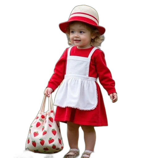 dress, hat, photorealistic, 3d render, red, toddler, dressed, white transparent PNG cut-out