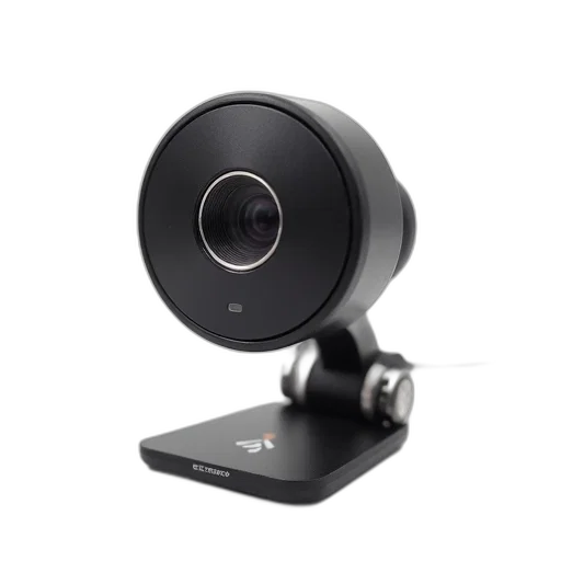 black, webcam, circular, lens, silver, base, displayed, against transparent PNG cut-out