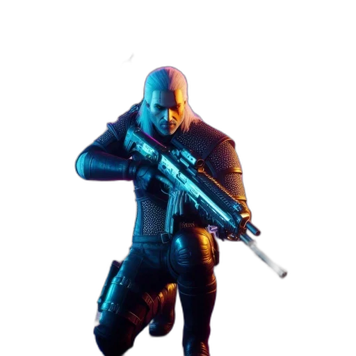 weapon, robot, staff, jacket, concept art, 3d render, cyberpunk, pixel art transparent PNG cut-out