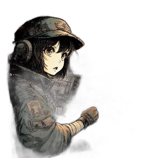 hat, weapon, jacket, watercolor, concept art, anime, pixel art, green transparent PNG cut-out