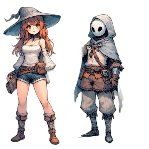 hat, staff, weapon, concept art, fantasy art, pixel art, anime, monochrome transparent PNG cut-out