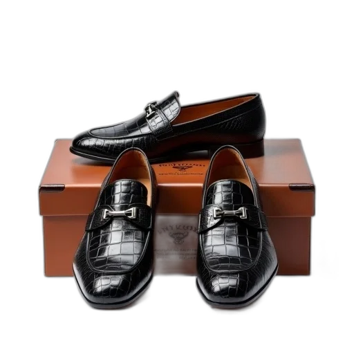 shoes, photorealistic, pair, black, crocodile, skin, patterned, loafers transparent PNG cut-out