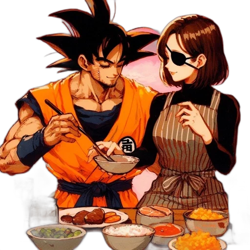 food, anime, concept art, pixel art, comic book art, two, characters, sit transparent PNG cut-out