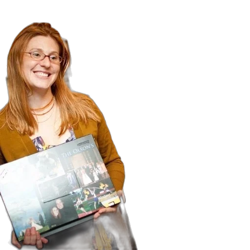 staff, woman, brown, cardigan, holds, photo, album, titled transparent PNG cut-out