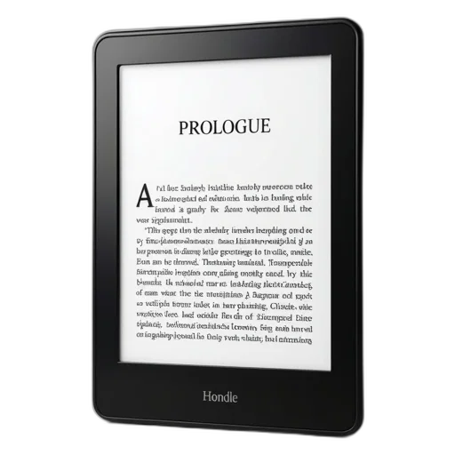 black, e-reader, white, screen, displaying, title, prologue, large transparent PNG cut-out