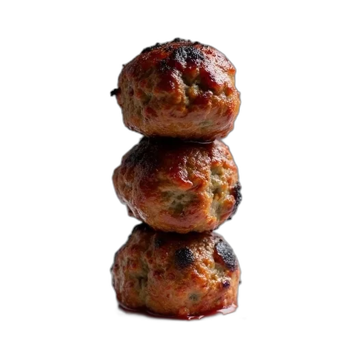 food, 3d render, photorealistic, stack, three, meatballs, burnt, appearance transparent PNG cut-out
