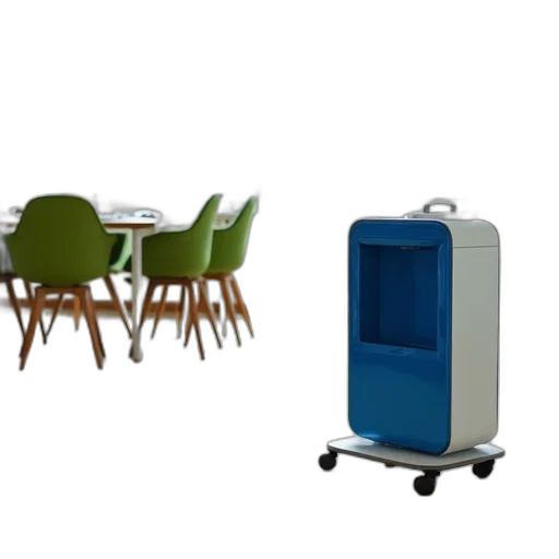furniture, 3d render, blue, white, air, purifier, placed, wheeled transparent PNG cut-out