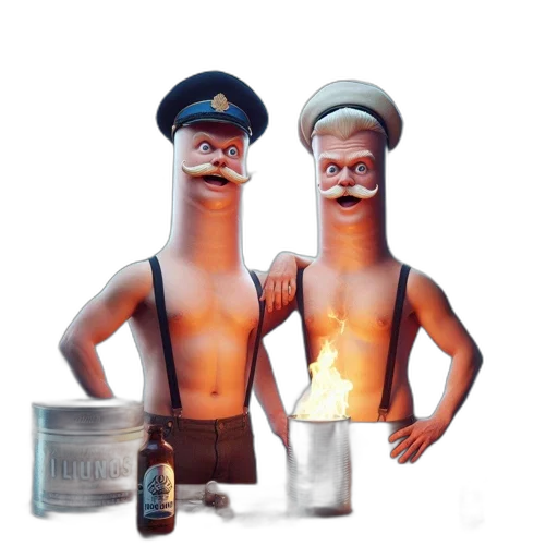 bottle, mask, concept art, 3d render, fire, two, animated, figures transparent PNG cut-out