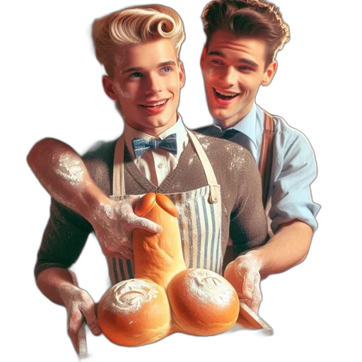 food, photorealistic, concept art, two, young, men, vintage-styled, kitchen transparent PNG cut-out