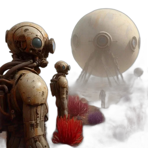 robot, creature, concept art, fantasy art, 3d render, photorealistic, outer space, fog transparent PNG cut-out
