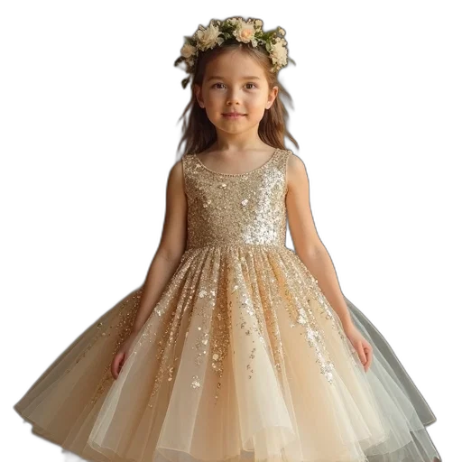 dress, photorealistic, gold, sequin, flower, girl transparent PNG cut-out