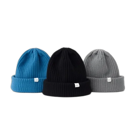hat, blue, monochrome, three, different, colored, beanies, displayed transparent PNG cut-out