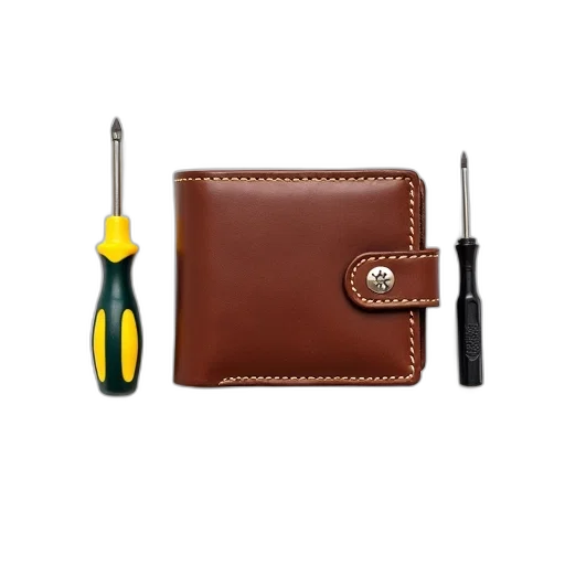 staff, brown, leather, wallet, visible, logo, metal, snap transparent PNG cut-out