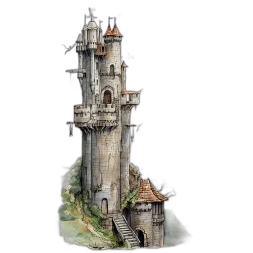 building, concept art, fantasy art, 3d render, watercolor, illustration, medieval-style, tower transparent PNG cut-out