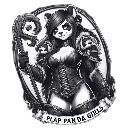 fantasy art, comic book art, concept art, pixel art, monochrome, illustration, features, panda-headed transparent PNG cut-out
