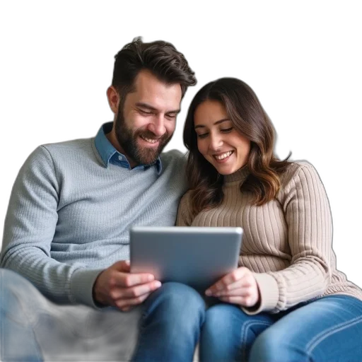 furniture, man, woman, sitting, couch, both, holding, tablet transparent PNG cut-out