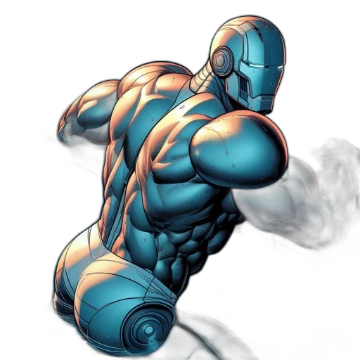 robot, weapon, comic book art, concept art, pixel art, fantasy art, blue, muscular transparent PNG cut-out