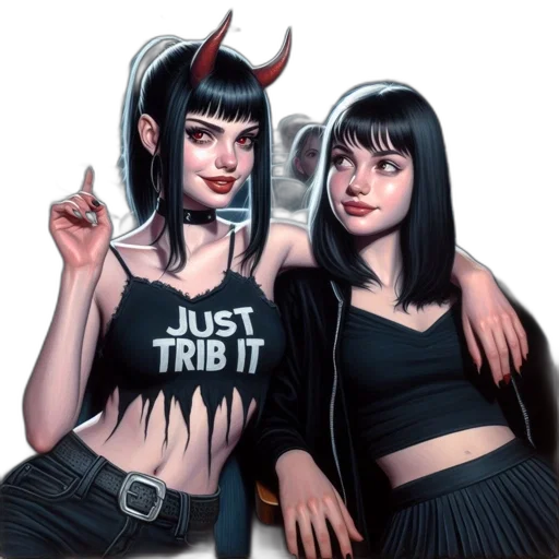 comic book art, concept art, pixel art, fantasy art, two, gothic-styled, women, sit transparent PNG cut-out
