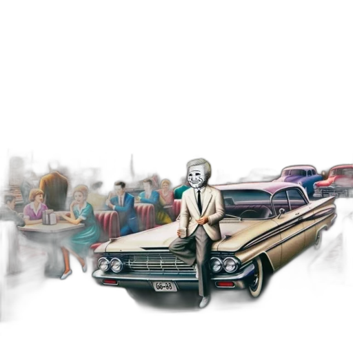 car, concept art, photorealistic, comic book art, 3d render, city street, old-fashioned, diner transparent PNG cut-out