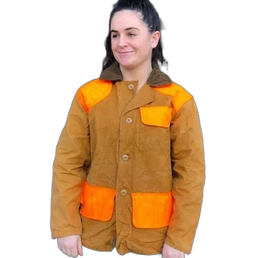 jacket, staff, dress, person, wearing, brown, orange, pockets transparent PNG cut-out