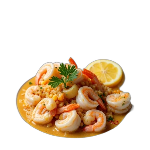 food, photorealistic, 3d render, dish, creamy, seafood, casserole, shrimp transparent PNG cut-out